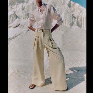 ME And EM Linen Blend Wide Pleated Pant Size 14 Women High Rise Pockets In Chalk